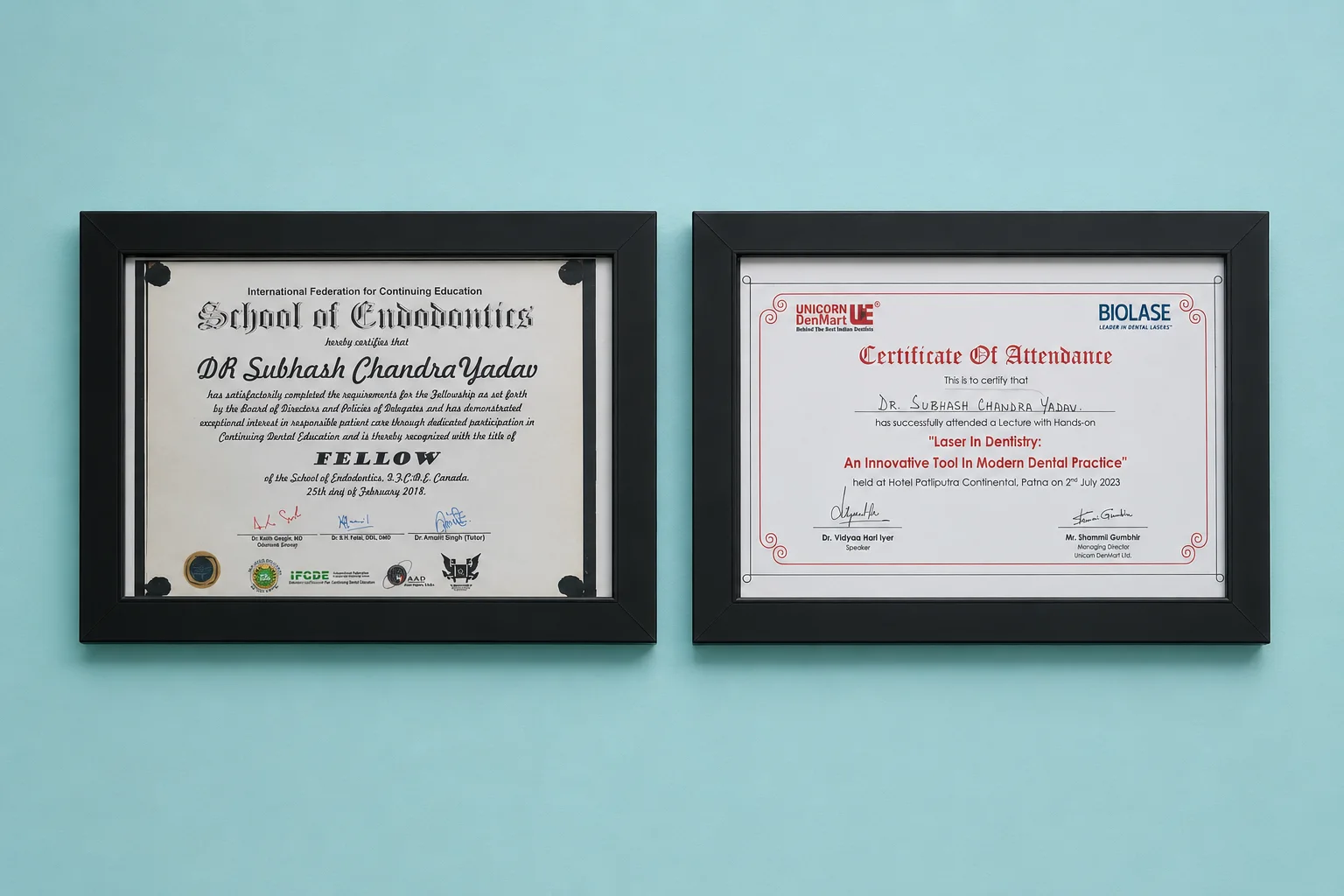 Dr. Subhash Chandra Yadav fellowship and attendance certificates at Maa Shila Devi Dant Aspatal