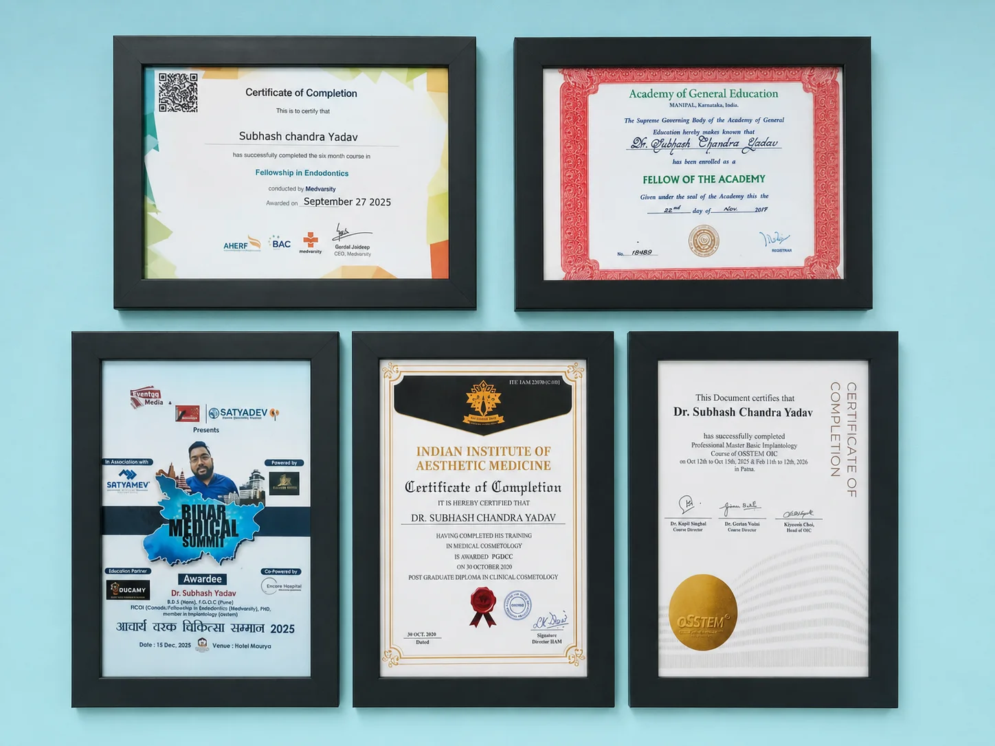 Dr. Subhash Chandra Yadav certificate gallery at Maa Shila Devi Dant Aspatal